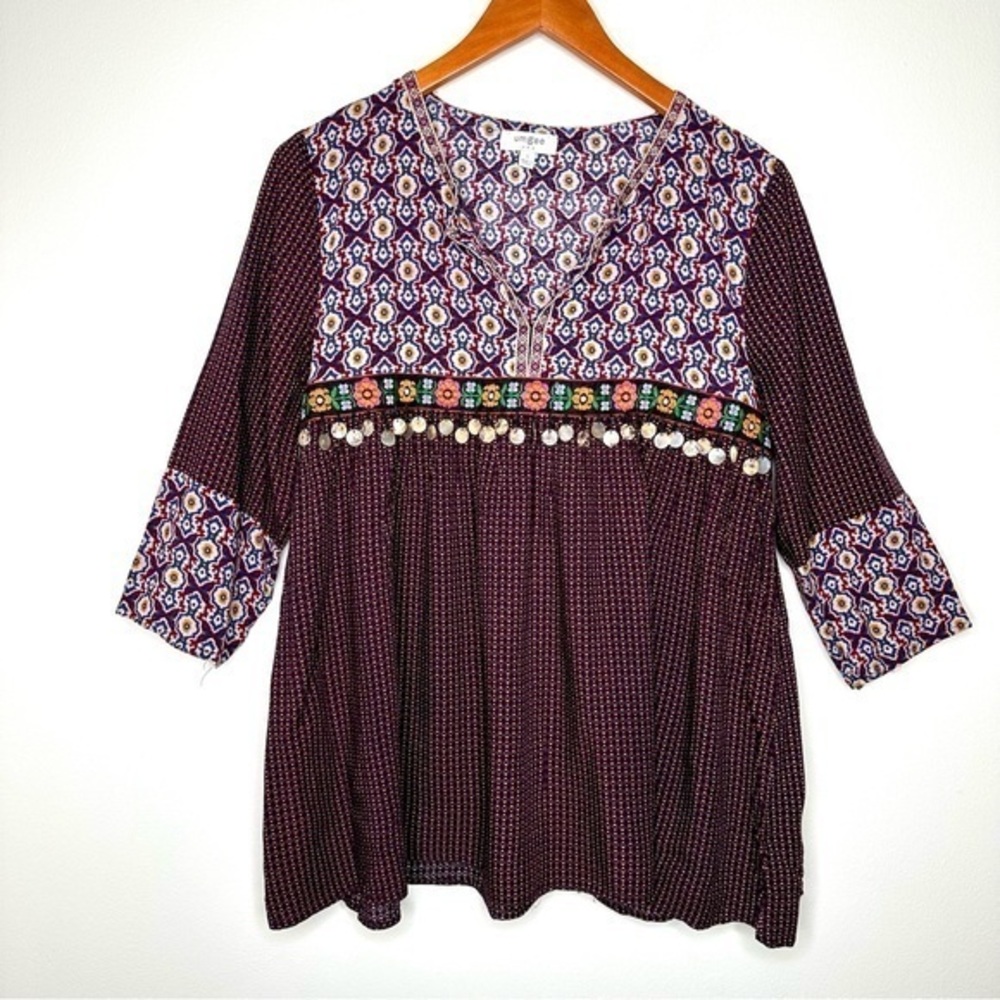 Umgee Burgundy Embroidered 3/4 Sleeves Boho Top Size Small